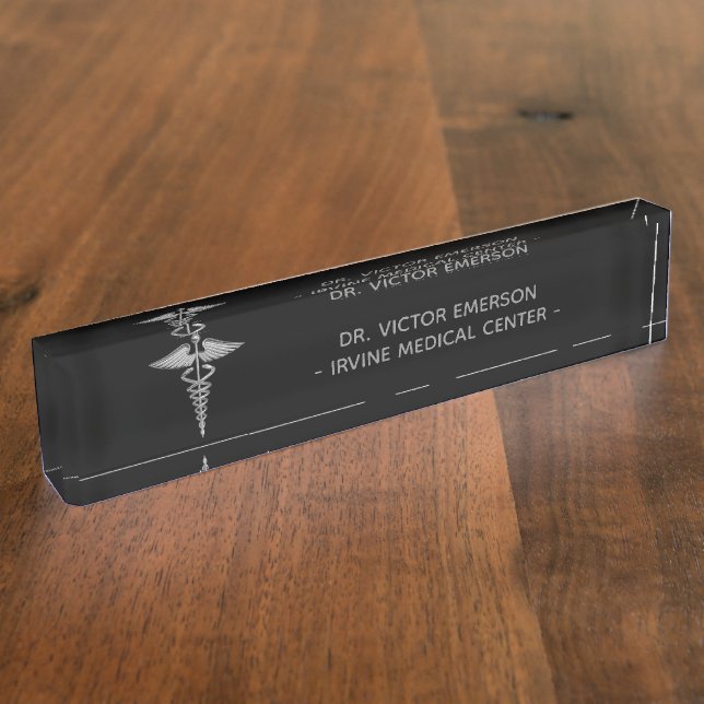 Silver Medical Caduceus on Black Personalised Nameplate (Side)
