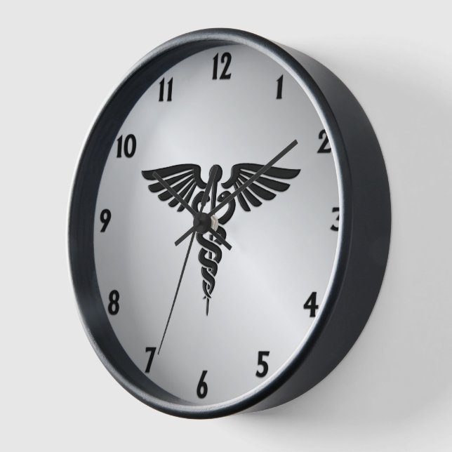 Silver Medical Caduceus w Black numbers Clock (Angle)