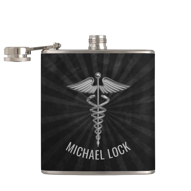 Silver Medical Symbol Personalised Nurses Doctors Hip Flask (Opened)