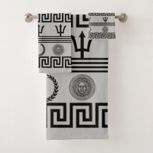 Silver Medusa, Greek Key Grey Bath Towel Set