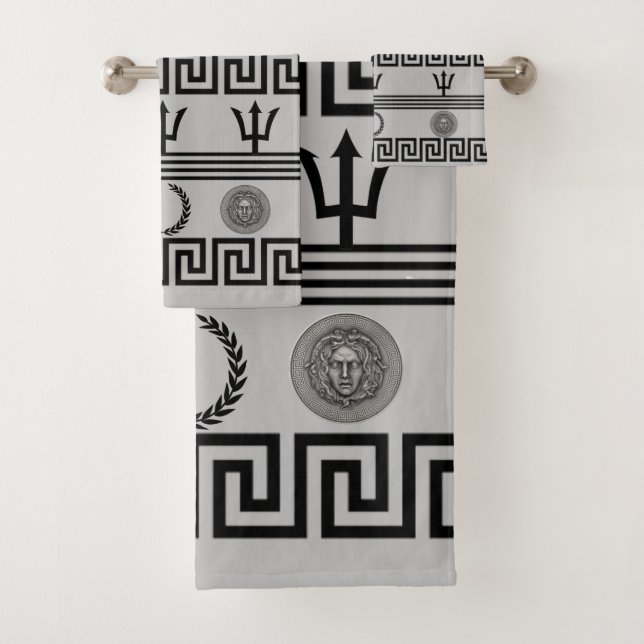 Silver Medusa, Greek Key Grey Bath Towel Set (Insitu)