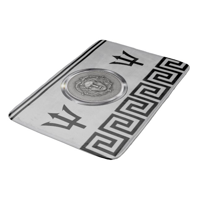 Silver Medusa, Greek Key, Trident Grey Bath Mat (Angled)
