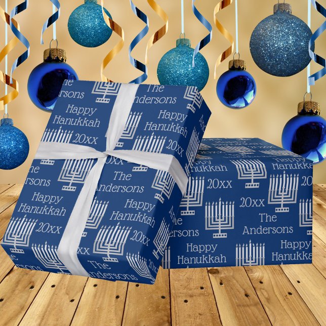 Silver Menorah Blue Chic Hanukkah Personalised Wrapping Paper (Creator Uploaded)