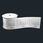 Silver Menorah Hanukkah Pattern Stylish Satin Ribbon<br><div class="desc">Personalise this stylish faux silver Menorah pattern holiday ribbon for all of your Hanukkah gift wrapping needs. The simple modern Menorah artwork in faux silver has two sets of text in between each: Happy Hanukkah with space for the name of your choice and HANUKKAH in Hebrew lettering, both in a...</div>