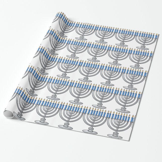 Silver Menorah Hanukkah Wrapping Paper (Unrolled)