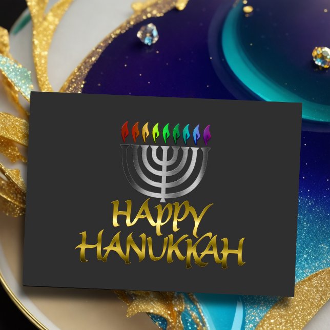 Silver Menorah Rainbow Flames Happy Hanukkah Holiday Card (Creator Uploaded)