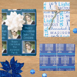 Silver Menorah Typography Photo Blue Hanukkah Wrapping Paper Sheet<br><div class="desc">Shop Hanukkah wrapping paper sheets in a fun assortment of silver Menorah stripes, blue on white typography and a personalised add your photo design. Upload your photo and personalise two separate text templates on the dark ocean blue design. Create some Chanukah cheer by adding your child's name to the typography...</div>