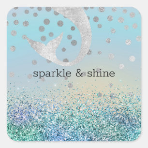 Silver Mermaid Aqua Mint Purple Glitter Sparkle Square Sticker