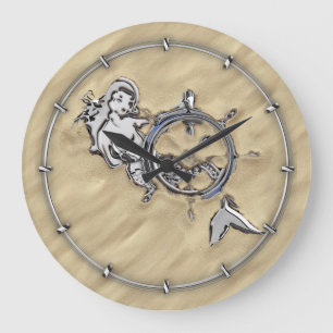 Silver Mermaid in the Sand Large Clock