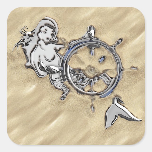 Silver Mermaid in the Sand Square Sticker (Front)