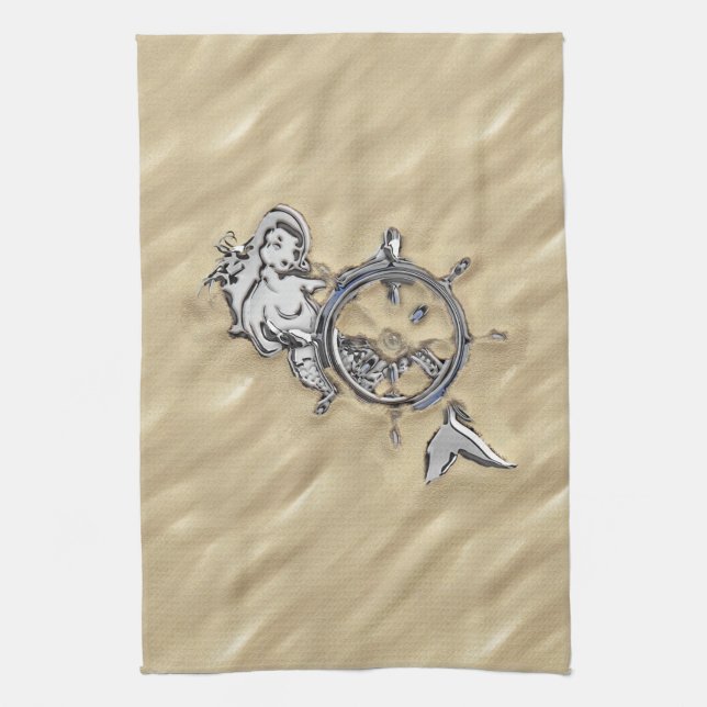 Silver Mermaid in the Sand Tea Towel (Vertical)