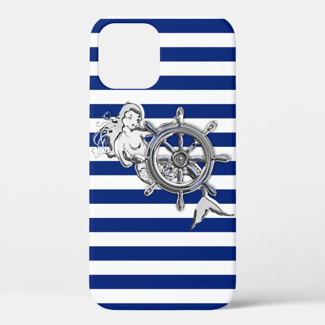 Silver Mermaid on Nautical Stripes Case-Mate iPhone Case (Back)