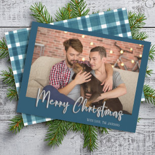 Silver Merry Christmas Bubble Letters Plaid Blue Holiday Card