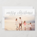 Silver Merry Christmas Glitter Look Photo Holiday Card<br><div class="desc">These classic,  simple Christmas cards feature a photo and glitter look "merry christmas" in calligraphy script. Personalised with your own family name. The back of these cards features a glittery stripe design.</div>