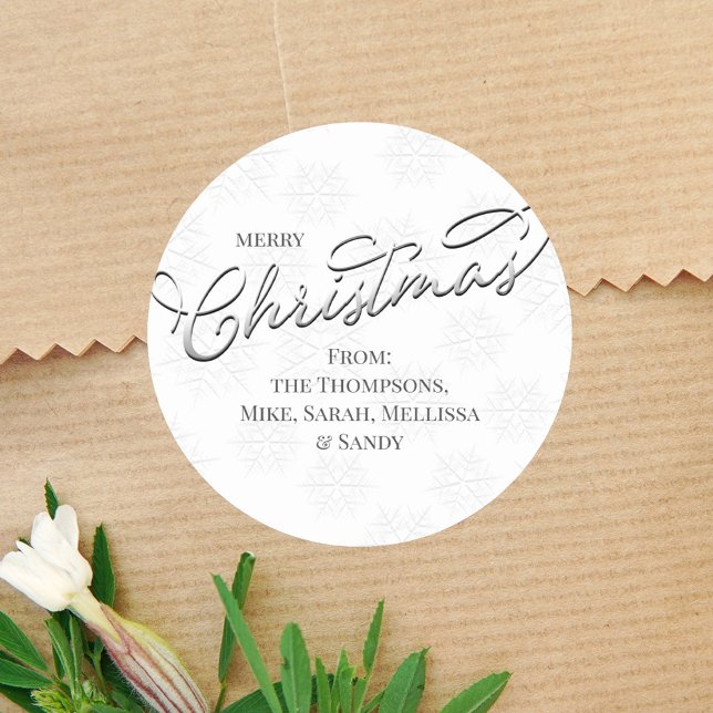 Silver Merry Christmas Personalised  Classic Round Sticker (Simple Merry Christmas holiday silver snowflake circle sticker. )