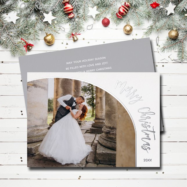 Silver Merry Christmas Script Foil Holiday Card (Merry Christmas REAL silver foil holiday photo cards)