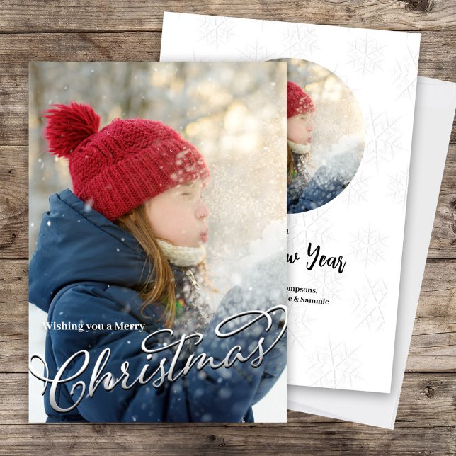 Silver Merry Christmas Script Photo Holiday Card (Merry Christmas Silver Calligraphy Script Photo Card)