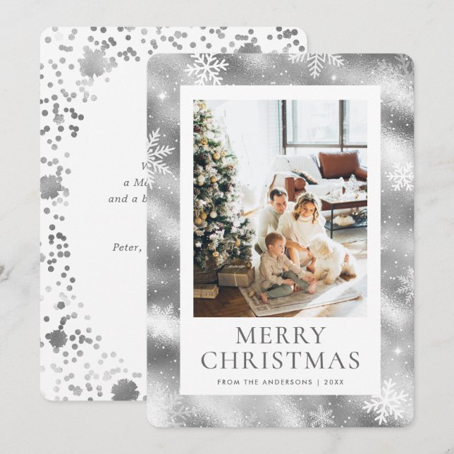 Silver Merry Christmas Snowflake Snow Photo Holiday Card (Front/Back)
