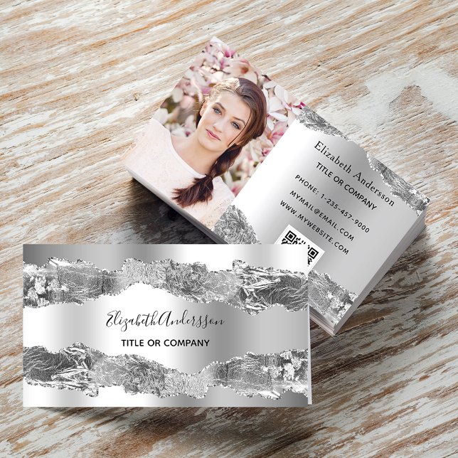 Silver metal agate marble QR code photo Business Card (Creator Uploaded)