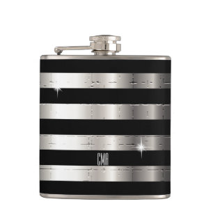 Silver Metal & Black Stripe   DIY Monogram Hip Flask