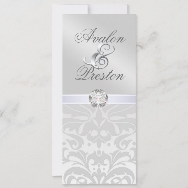 Silver Metal Diamond Damask Wedding Invitation (Front)