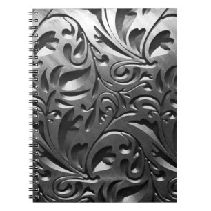 Silver metal engraved look abstract gray steel notebook
