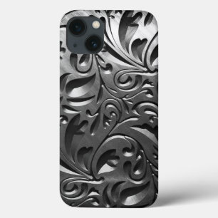 Silver metal engraved look abstract grey steel iPhone 13 case