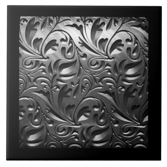 Silver metal engraved look abstract grey steel ceramic tile (Front)