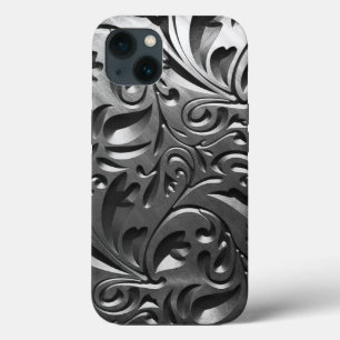 Silver metal engraved look abstract grey steel iPhone 13 case