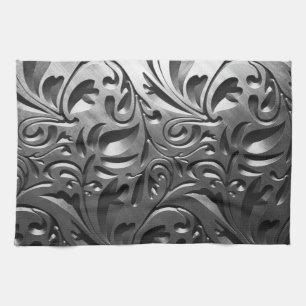 Silver metal engraved look abstract grey steel tea towel
