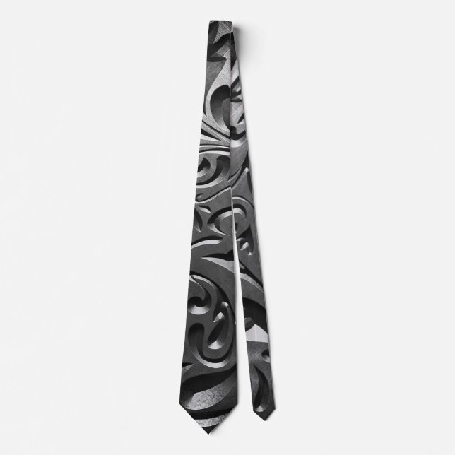 Silver metal engraved look abstract grey steel tie (Front)