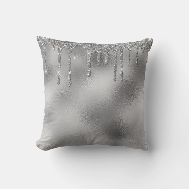 Silver Metal Glitter Drips Glam Cushion (Front)