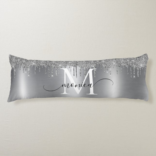 Silver Metal Glitter Drips Monogram Name Body Cushion (Front)