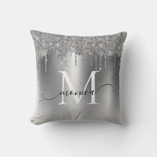Silver Metal Glitter Drips Monogram Name Cushion