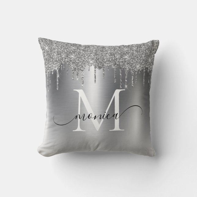 Silver Metal Glitter Drips Monogram Name Cushion (Front)
