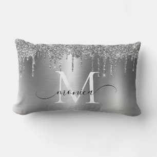 Silver Metal Glitter Drips Monogram Name Lumbar Cushion
