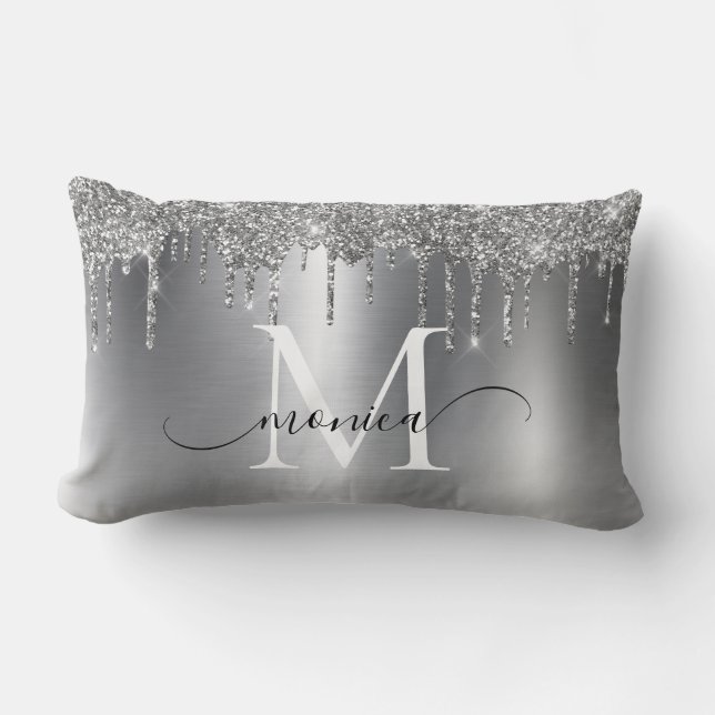 Silver Metal Glitter Drips Monogram Name Lumbar Cushion (Front)