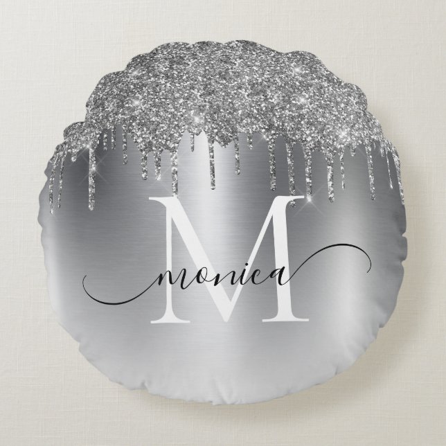 Silver Metal Glitter Drips Monogram Name Round Cushion (Front)