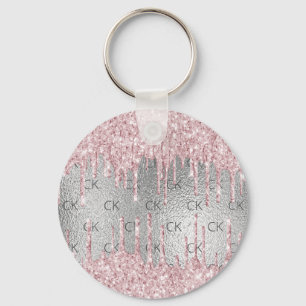 Silver metal glitter drips pink monogram initials  key ring