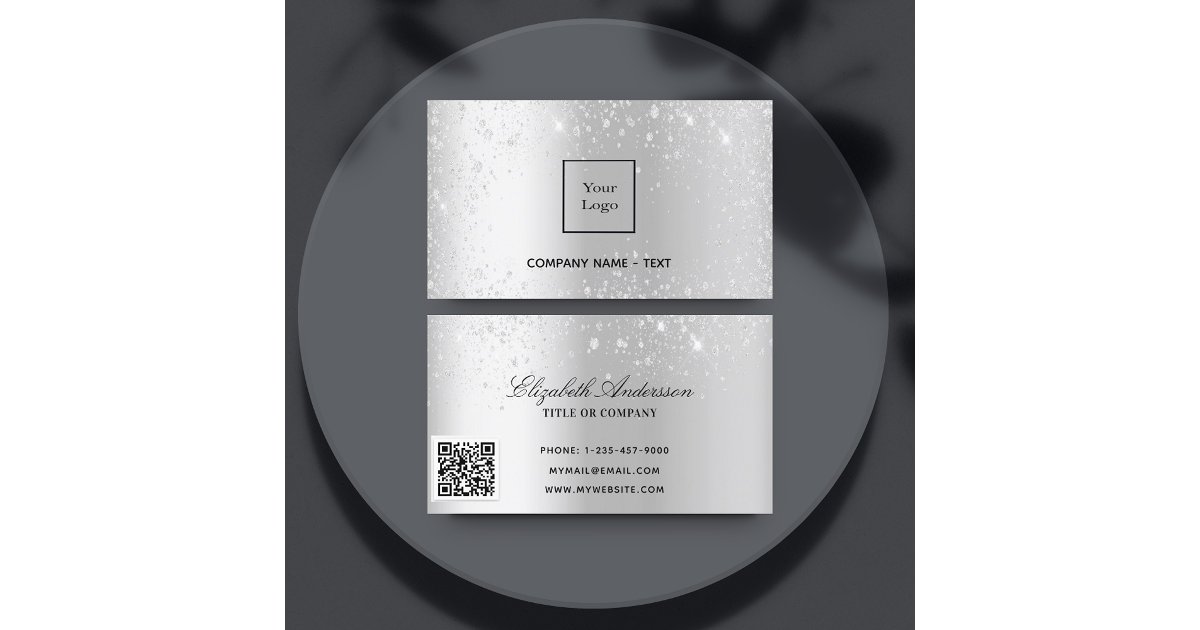 Silver Qr Code Logo Silver metal glitter logo elegant QR code Business Card | Zazzle