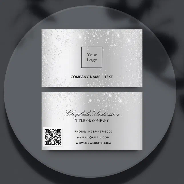 Silver Qr Code Logo Silver metal glitter logo elegant QR code Business Card | Zazzle