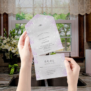 Silver metal glitter purple dust elegant wedding all in one invitation