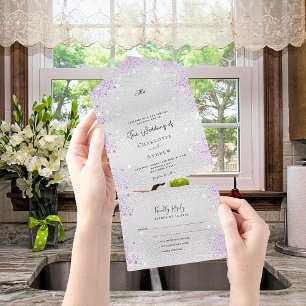Silver metal glitter purple elegant wedding all in one invitation