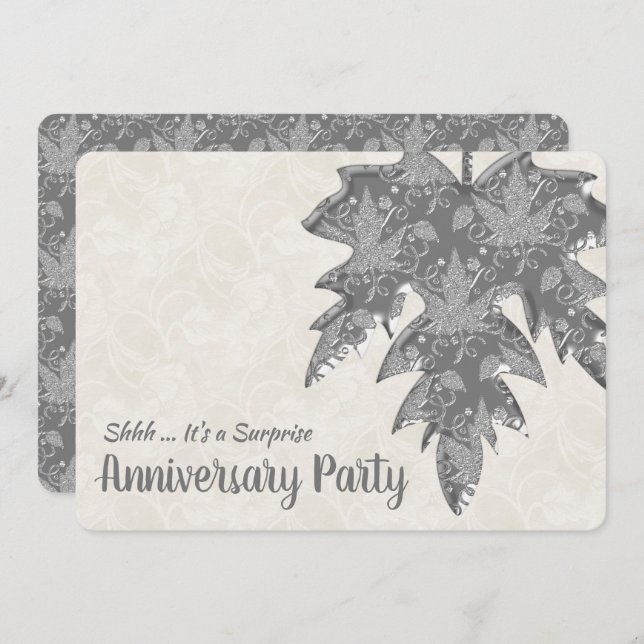 Silver Metal Look Autumn Leaf 25th Anniversary Invitation (Front/Back)