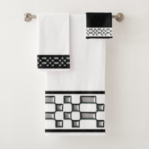 Silver Metal Pattern on Black & White Towel Set