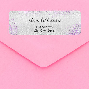 Silver metal purple glitter dust return address label
