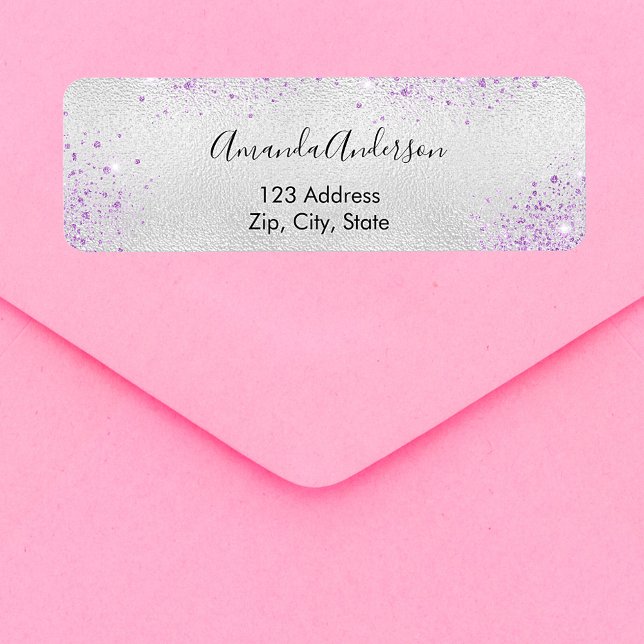 Silver metal purple glitter dust return address label (Creator Uploaded)