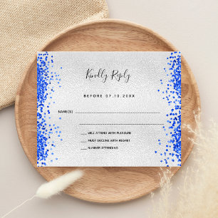 Silver metal royal blue modern budget wedding RSVP Flyer