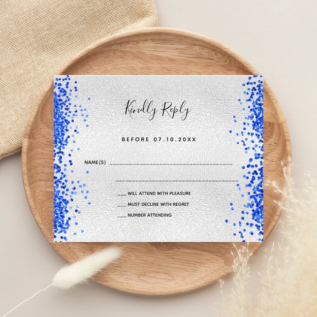 Silver metal royal blue modern budget wedding RSVP Flyer (Creator Uploaded)
