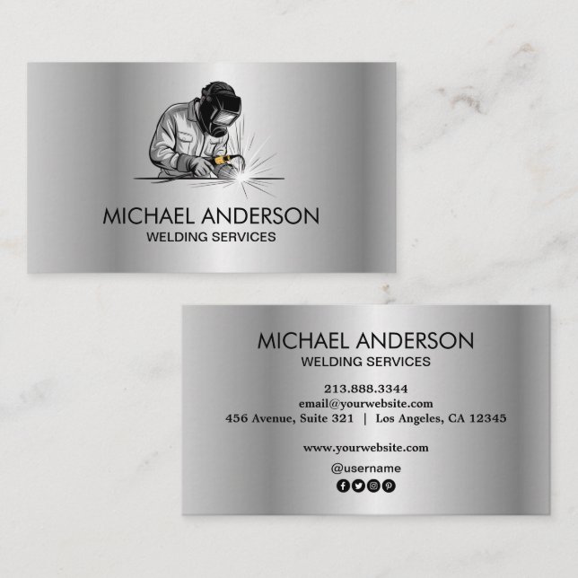 Silver Metal Welding Fabrication Contractor Welder Business Card (Front/Back)